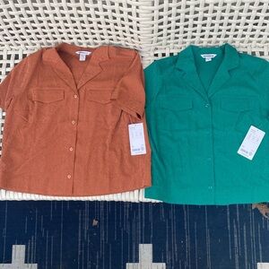 2 NWT Athleta Echo Top Orange / Brown & Green Texture Short Sleeve Blouse Medium